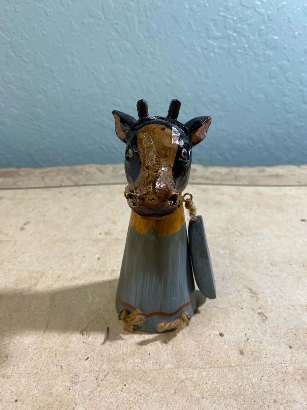Hand Carved Wooden Cow Bell Folk Art Figurine
